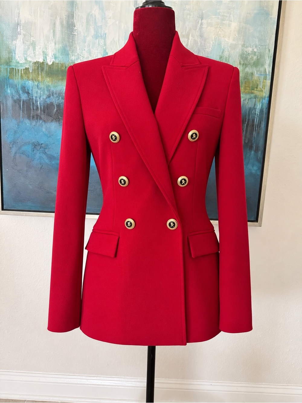 NWOT Zara Red Double-Breasted Blazer with Gold Buttons S Small